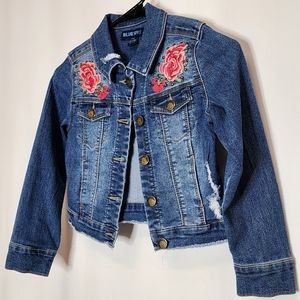 Girls Blue Spice Distress Jean Jacket Embroidered Floral Design Size L (10)